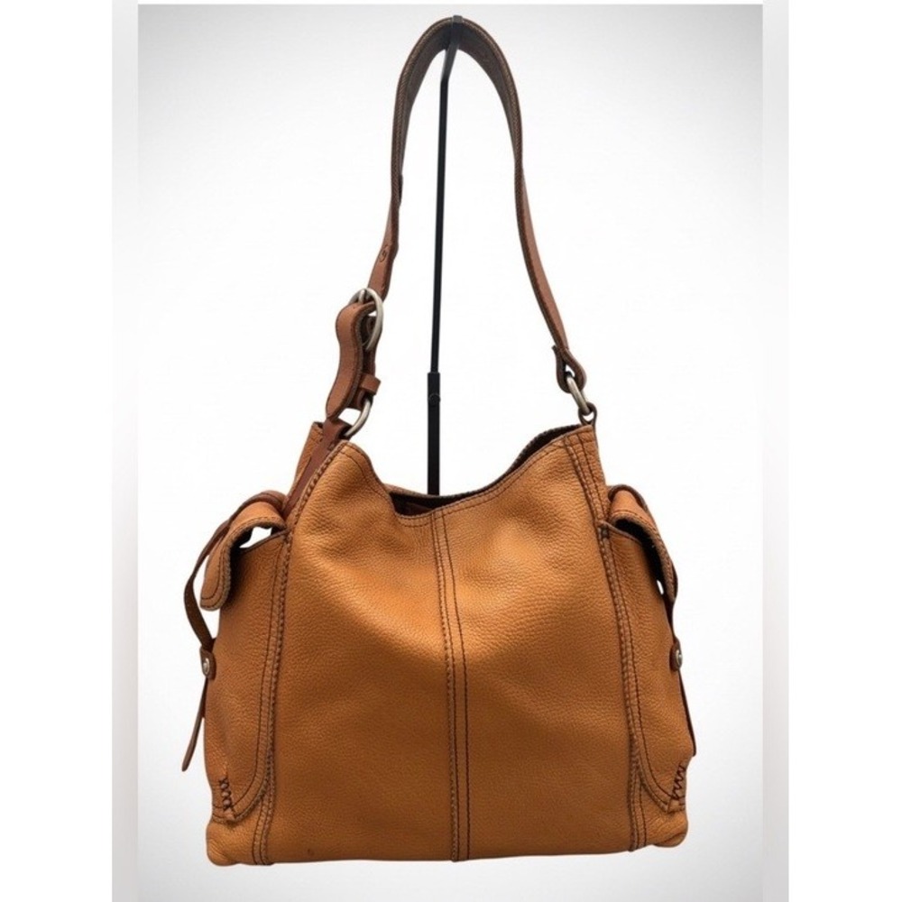 Lucky Brand Cognac Pebbled Leather Hobo Bag Boho Chic Shoulder Purse - Picture 2 of 15